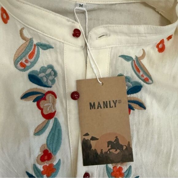 Manly/Unisex Casual Cream and Red Embroidered Button Down Shirt NWT! - Picture 8 of 13